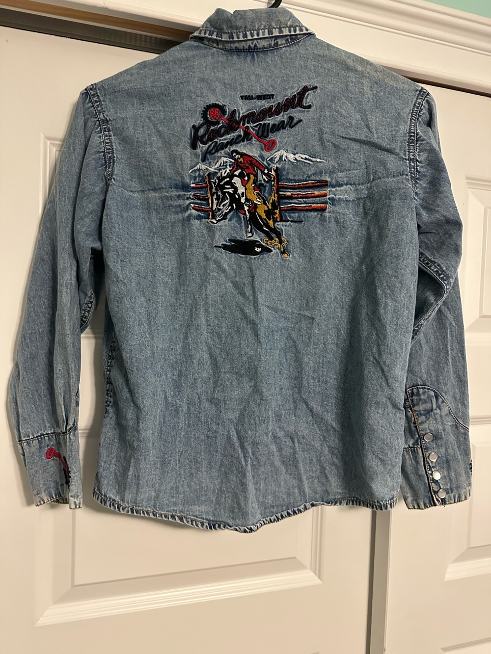 Rockmount Ranch Wear Kids Blue Jean Denim Pearl Embroidered Western Shirt Sz L
